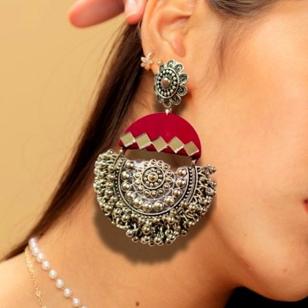Dark Pink Mirror Oxidized Heavy Jhumka Earrings